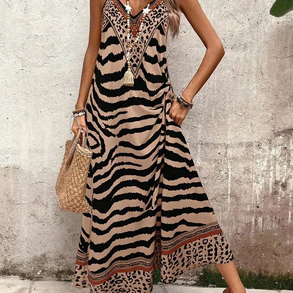 Khaki Boho Women's Elegant TigerPrint Loose Maxi Slip Dress - Picture 7 of 7